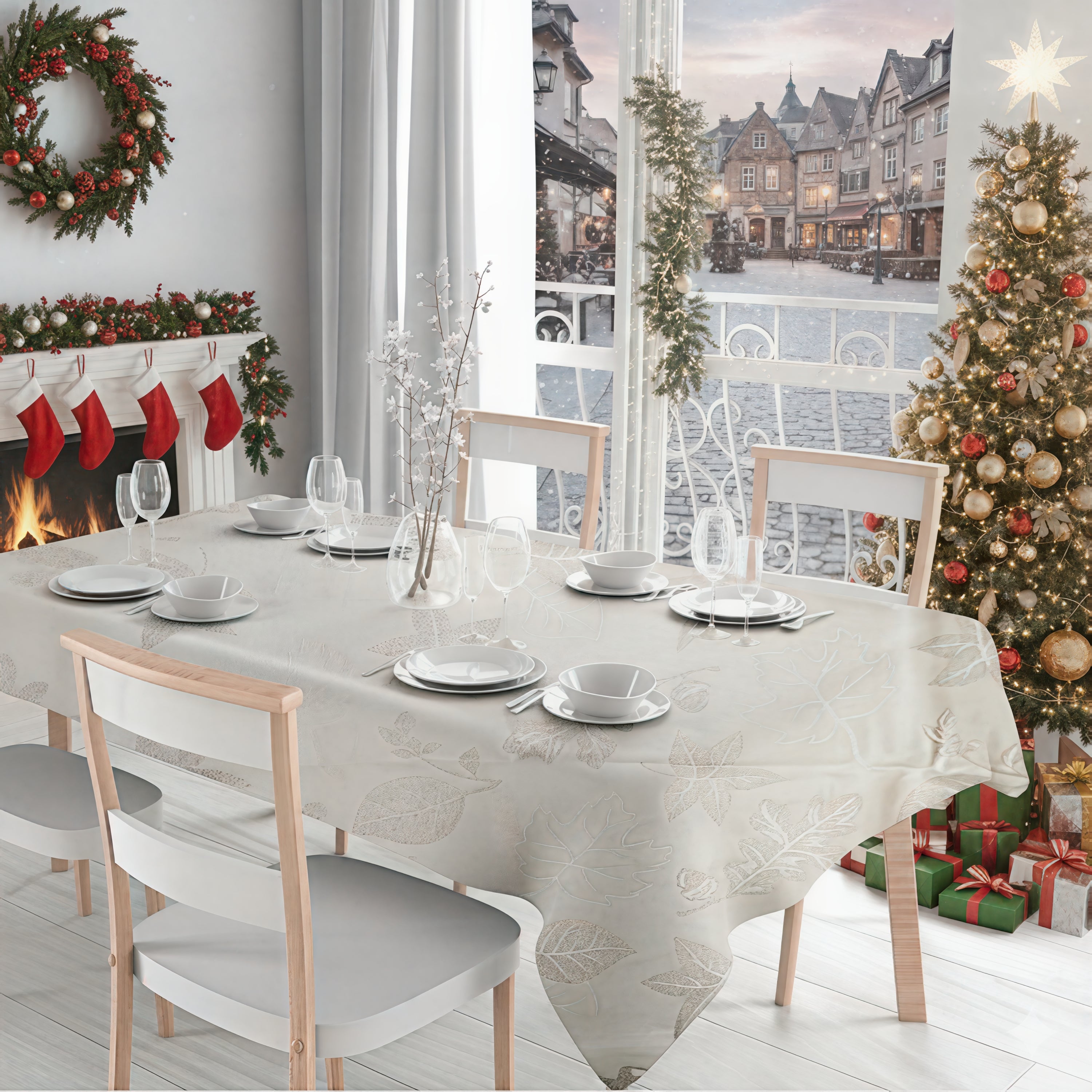 VESTIAMO CASA GRAN NATALE - Tovaglia Antimacchia Natalizia Queen con Lurex Oro 140x240 cm